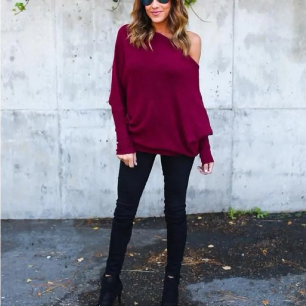 Women's Off-Shoulder Sweater knit loose tops Burgundy